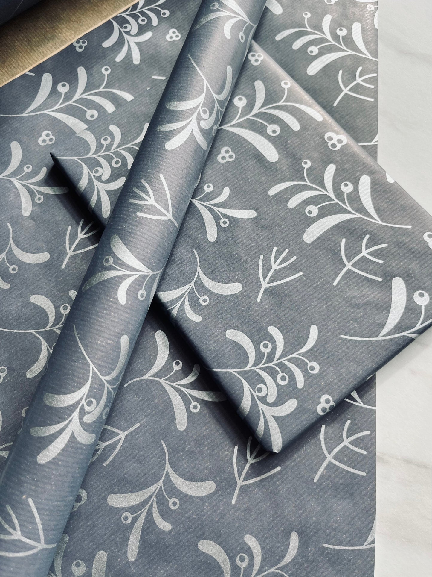 Wrapping Paper Christmas Navy Blue Silver Mistletoe 50CM Wide Eco Friendly, 100% Recycled Kraft | Recyclable, Sustainable, Plastic Free Gift