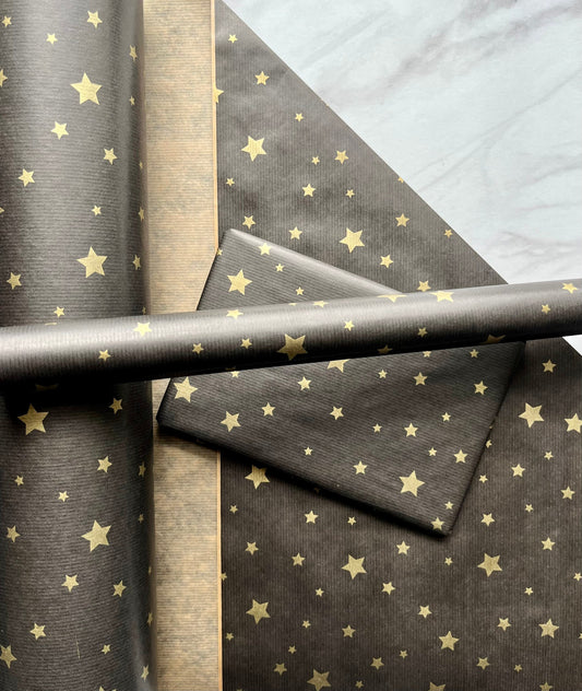 Christmas Black Gold Star Eco Friendly Gift Wrapping Paper, 100% Recycled & Recyclable, Luxury Sustainable Xmas Paper