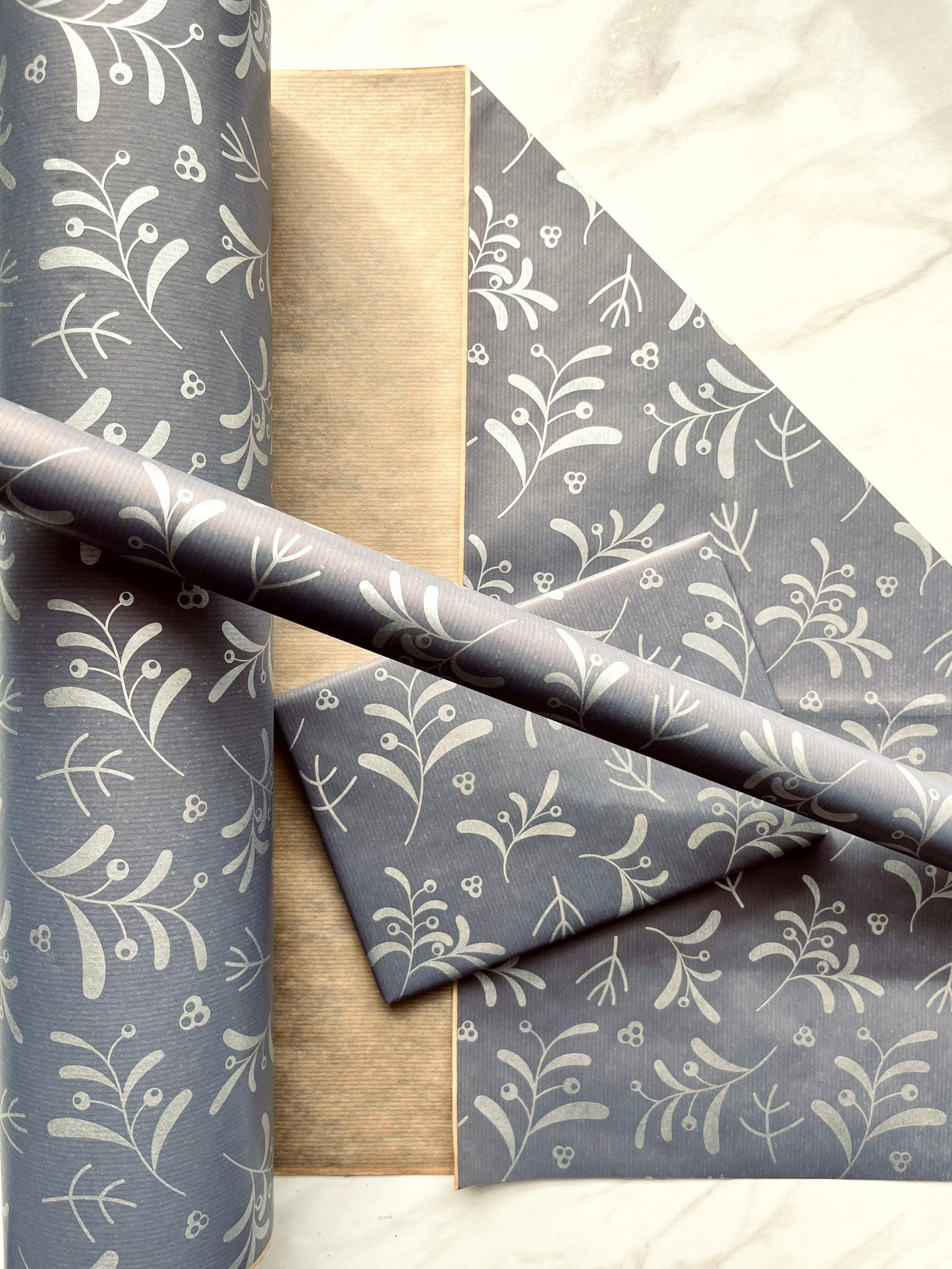 Wrapping Paper Christmas Navy Blue Silver Mistletoe 50CM Wide Eco Friendly, 100% Recycled Kraft | Recyclable, Sustainable, Plastic Free Gift