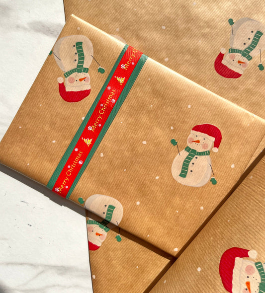 Christmas Green And Red Snowman Childrens Eco Friendly Gift Wrapping Paper, 100% Recycled & Recyclable, Luxury Sustainable Kids Xmas Paper