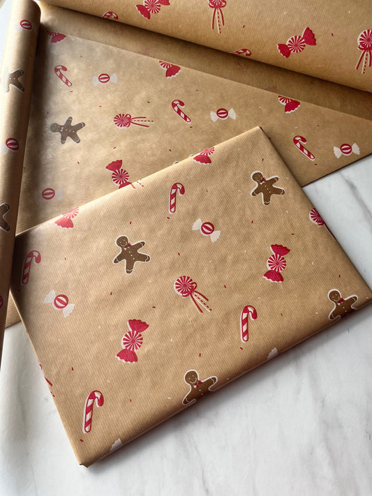 Christmas Gingerbread and Candy Childrens Eco Friendly Gift Wrapping Paper, 100% Recycled & Recyclable, Luxury Sustainable Kids Xmas Paper