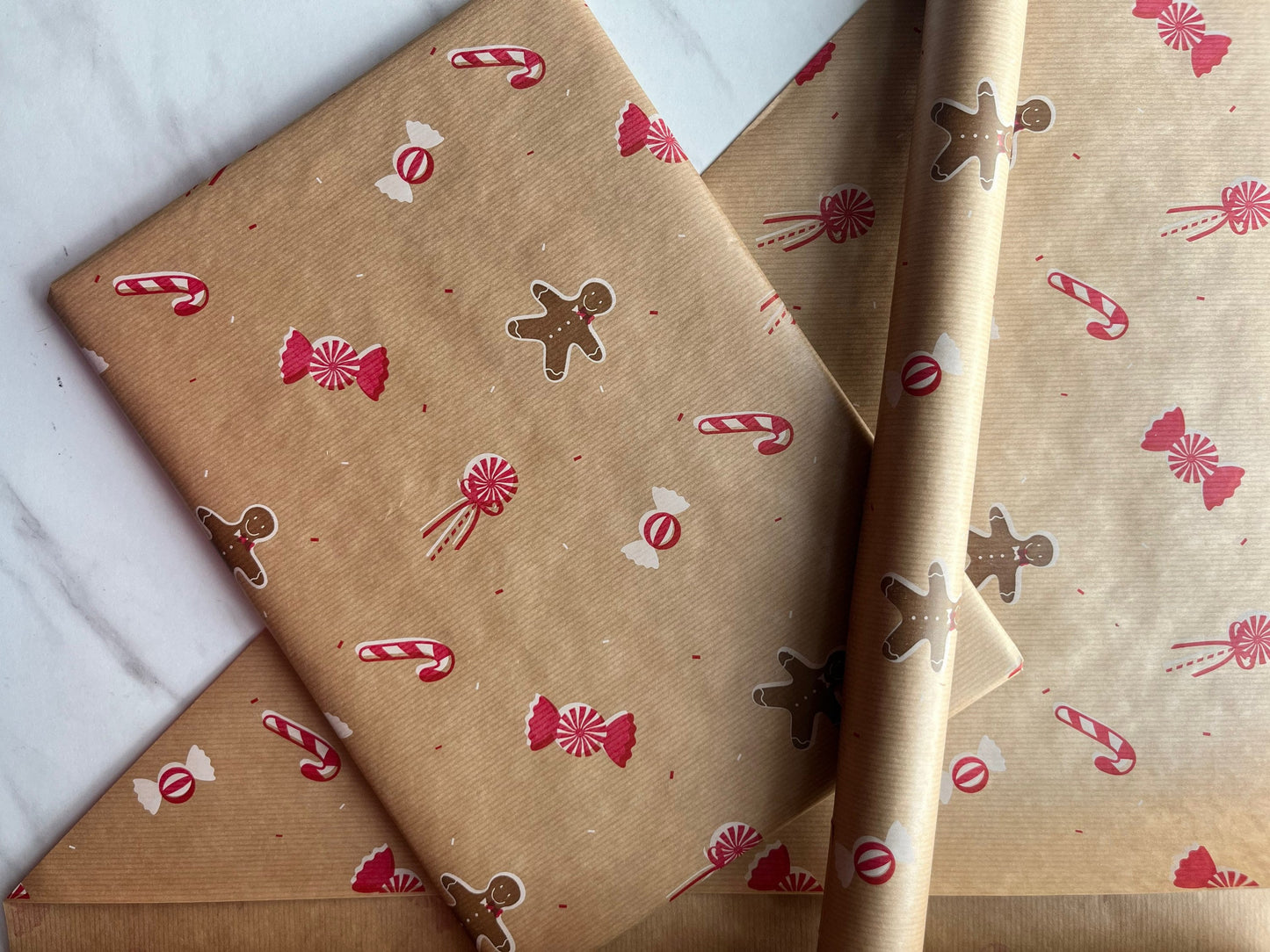 Christmas Gingerbread and Candy Childrens Eco Friendly Gift Wrapping Paper, 100% Recycled & Recyclable, Luxury Sustainable Kids Xmas Paper