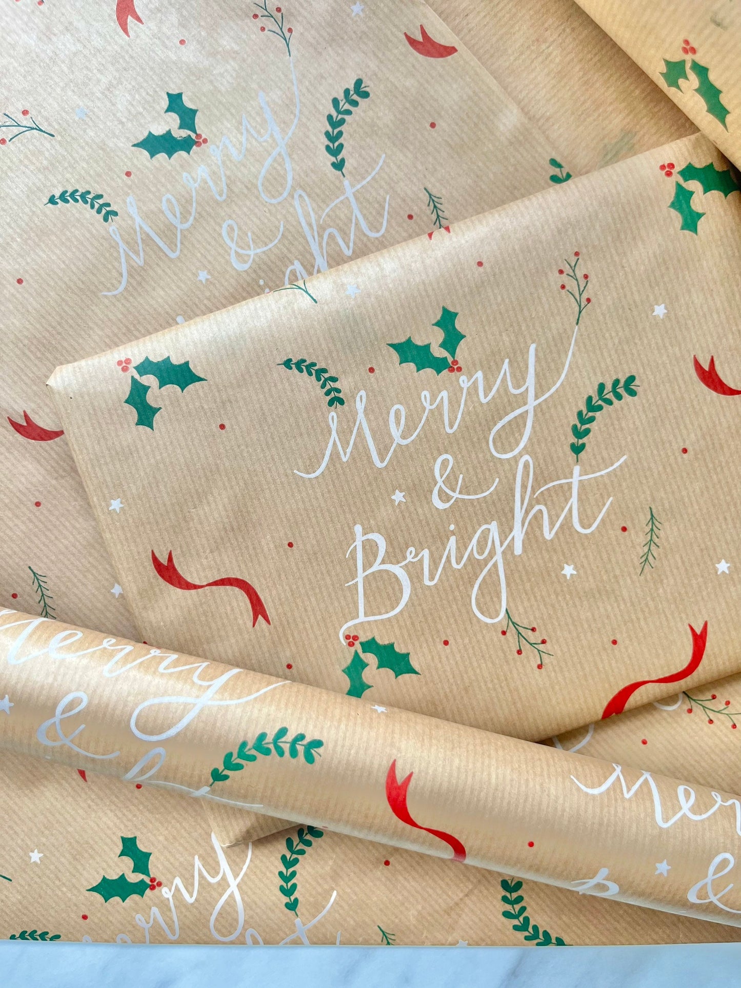 Wrapping Paper Christmas Merry & Bright 50CM Wide Eco Friendly, 100% Recycled Kraft | Recyclable, Sustainable, Plastic Free Gift Wrap