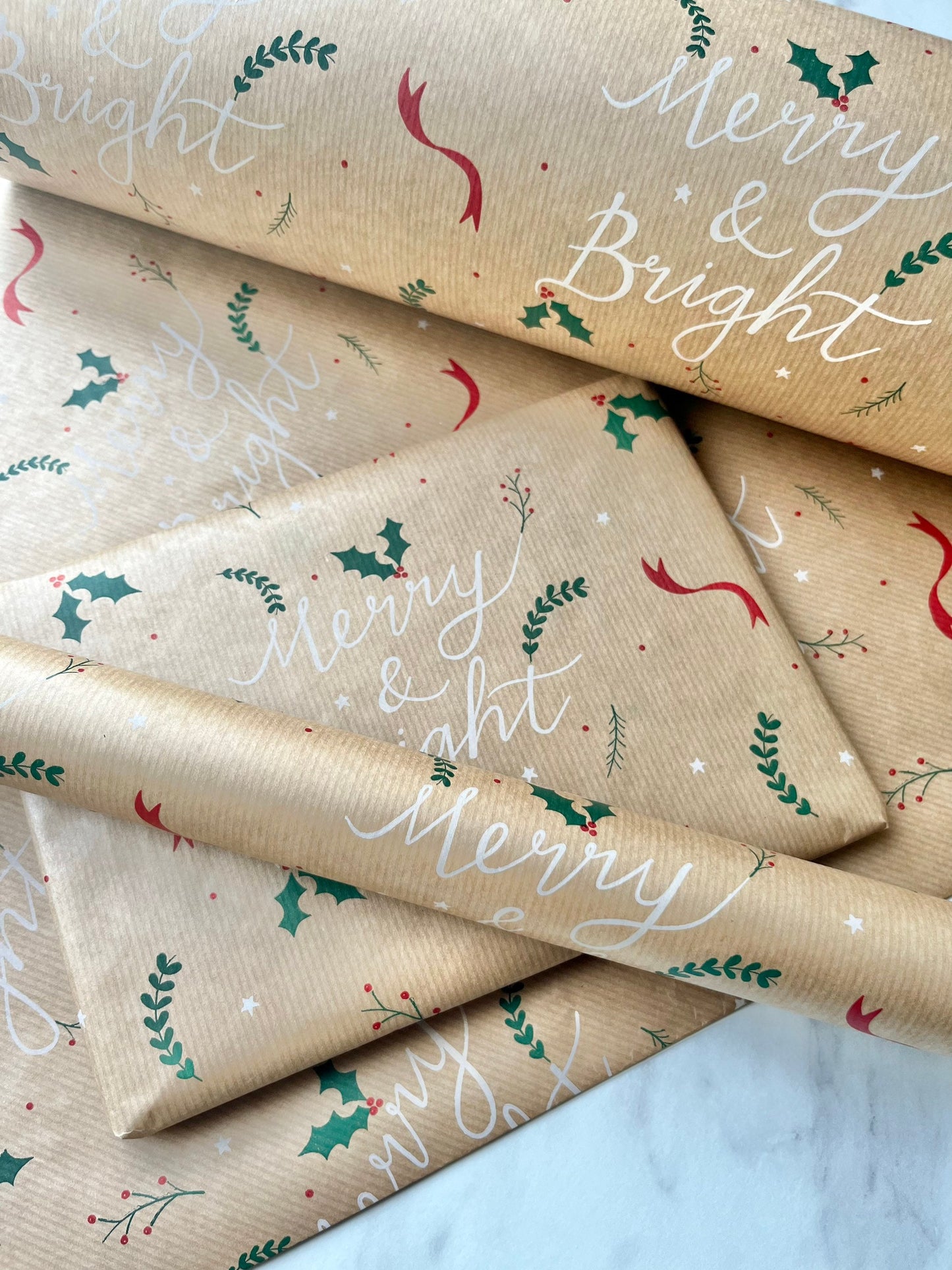 Wrapping Paper Christmas Merry & Bright 50CM Wide Eco Friendly, 100% Recycled Kraft | Recyclable, Sustainable, Plastic Free Gift Wrap