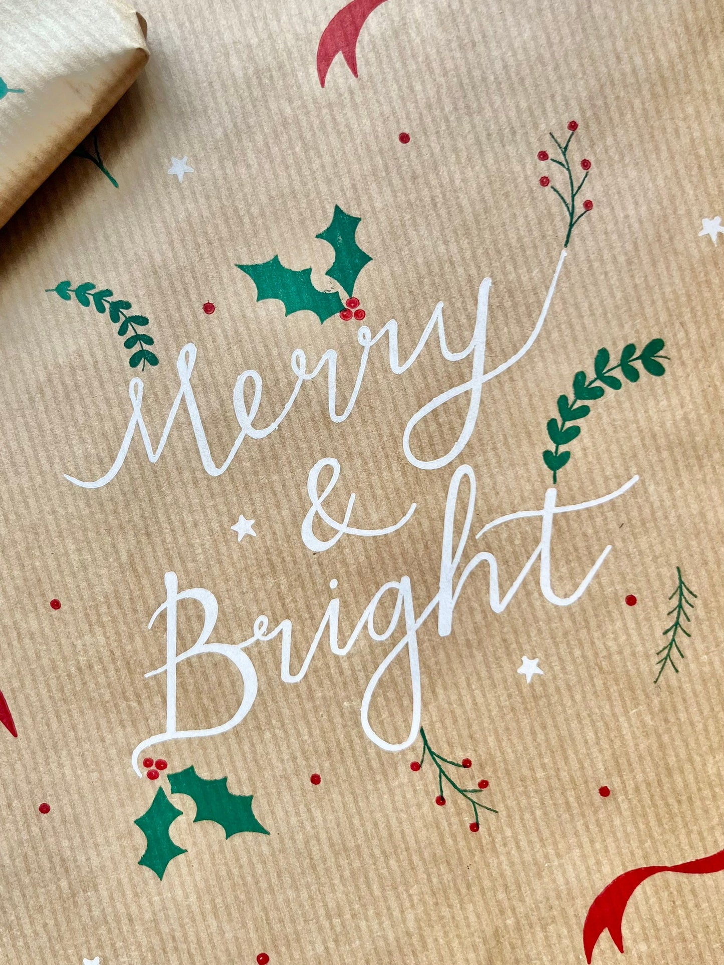 Wrapping Paper Christmas Merry & Bright 50CM Wide Eco Friendly, 100% Recycled Kraft | Recyclable, Sustainable, Plastic Free Gift Wrap