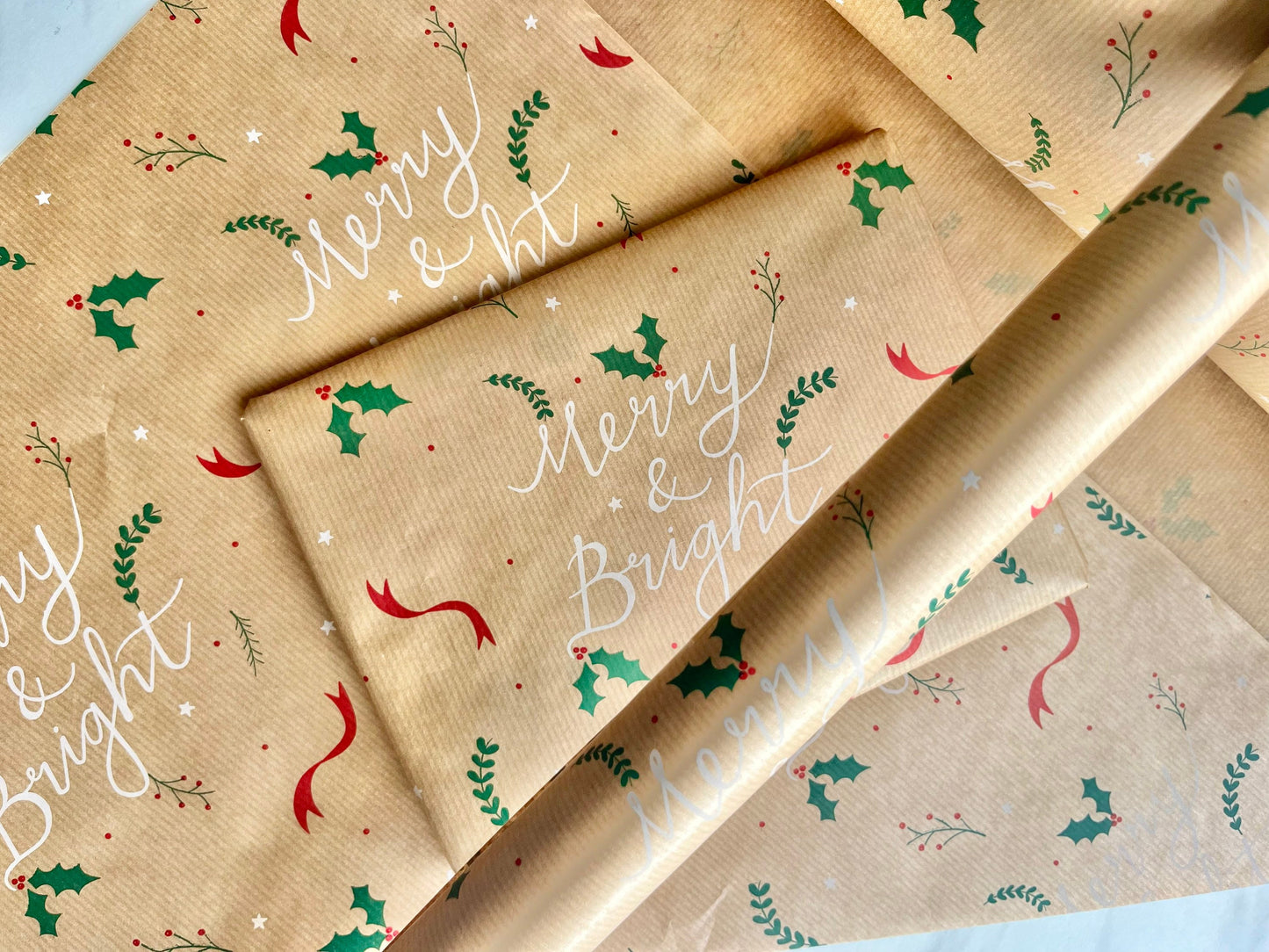 Wrapping Paper Christmas Merry & Bright 50CM Wide Eco Friendly, 100% Recycled Kraft | Recyclable, Sustainable, Plastic Free Gift Wrap