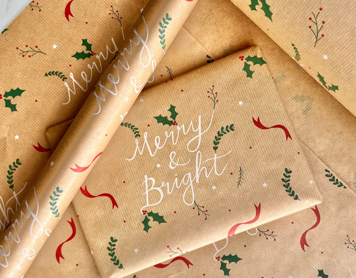 Wrapping Paper Christmas Merry & Bright 50CM Wide Eco Friendly, 100% Recycled Kraft | Recyclable, Sustainable, Plastic Free Gift Wrap