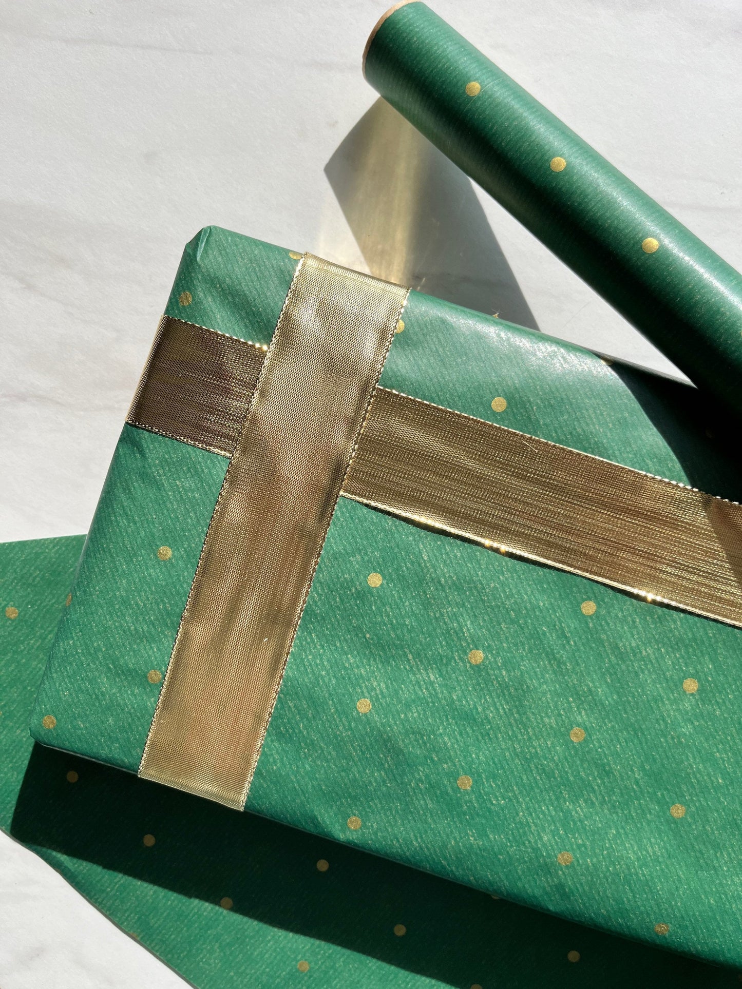 Wrapping Paper Christmas Green Gold Polka Dot 50CM Wide Eco Friendly, 100% Recycled Kraft | Recyclable, Sustainable, Plastic Free Gift Wrap