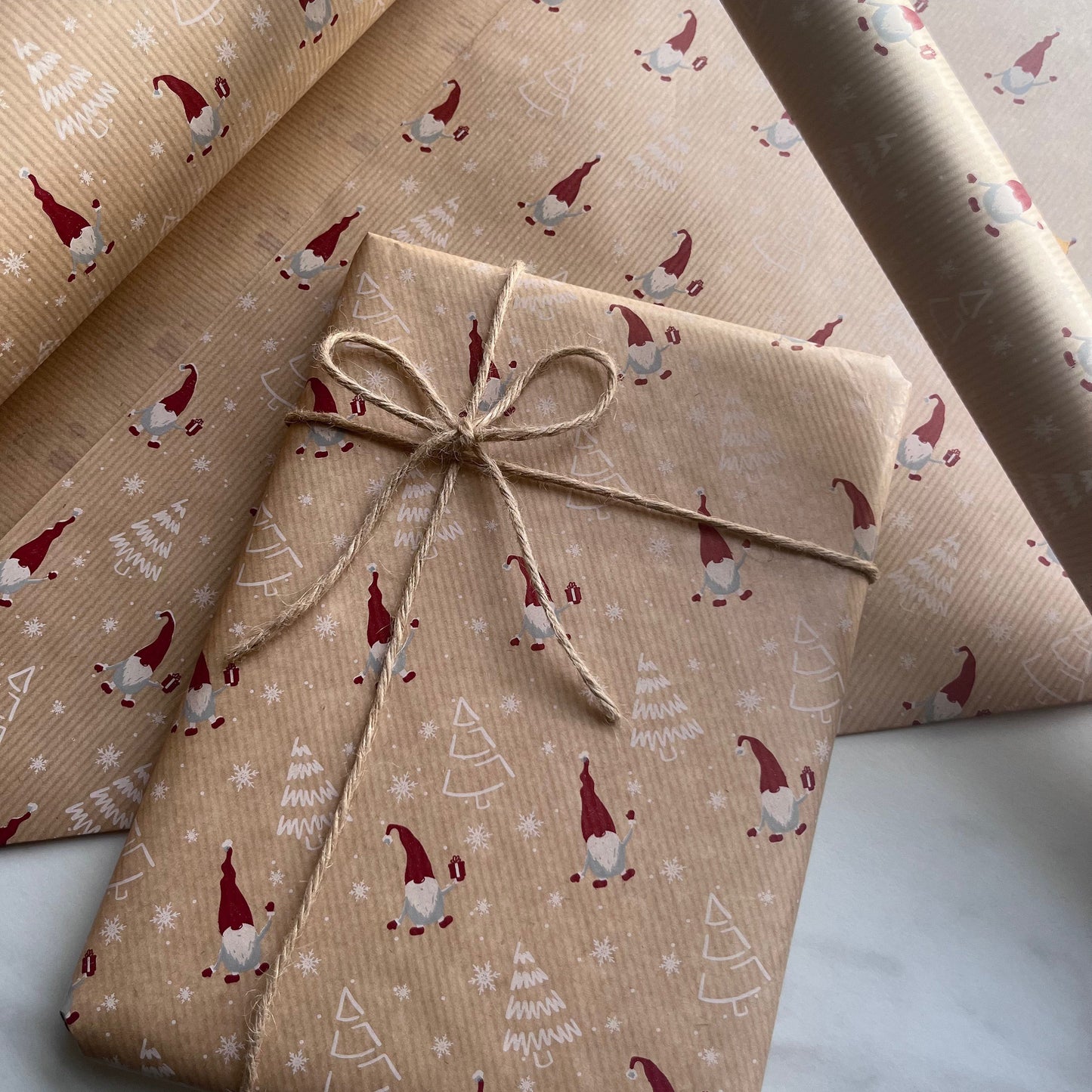 Wrapping Paper Christmas Scandi Gonk Gnome 50CM Wide Eco Friendly, 100% Recycled Kraft | Recyclable, Sustainable, Plastic Free Gift Wrap
