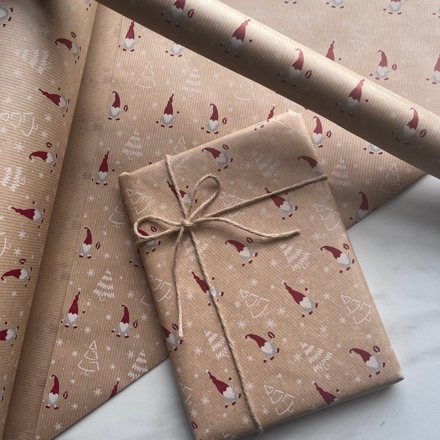 Wrapping Paper Christmas Scandi Gonk Gnome 50CM Wide Eco Friendly, 100% Recycled Kraft | Recyclable, Sustainable, Plastic Free Gift Wrap
