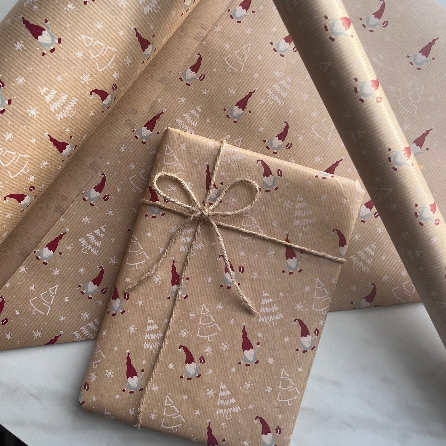 Wrapping Paper Christmas Scandi Gonk Gnome 50CM Wide Eco Friendly, 100% Recycled Kraft | Recyclable, Sustainable, Plastic Free Gift Wrap
