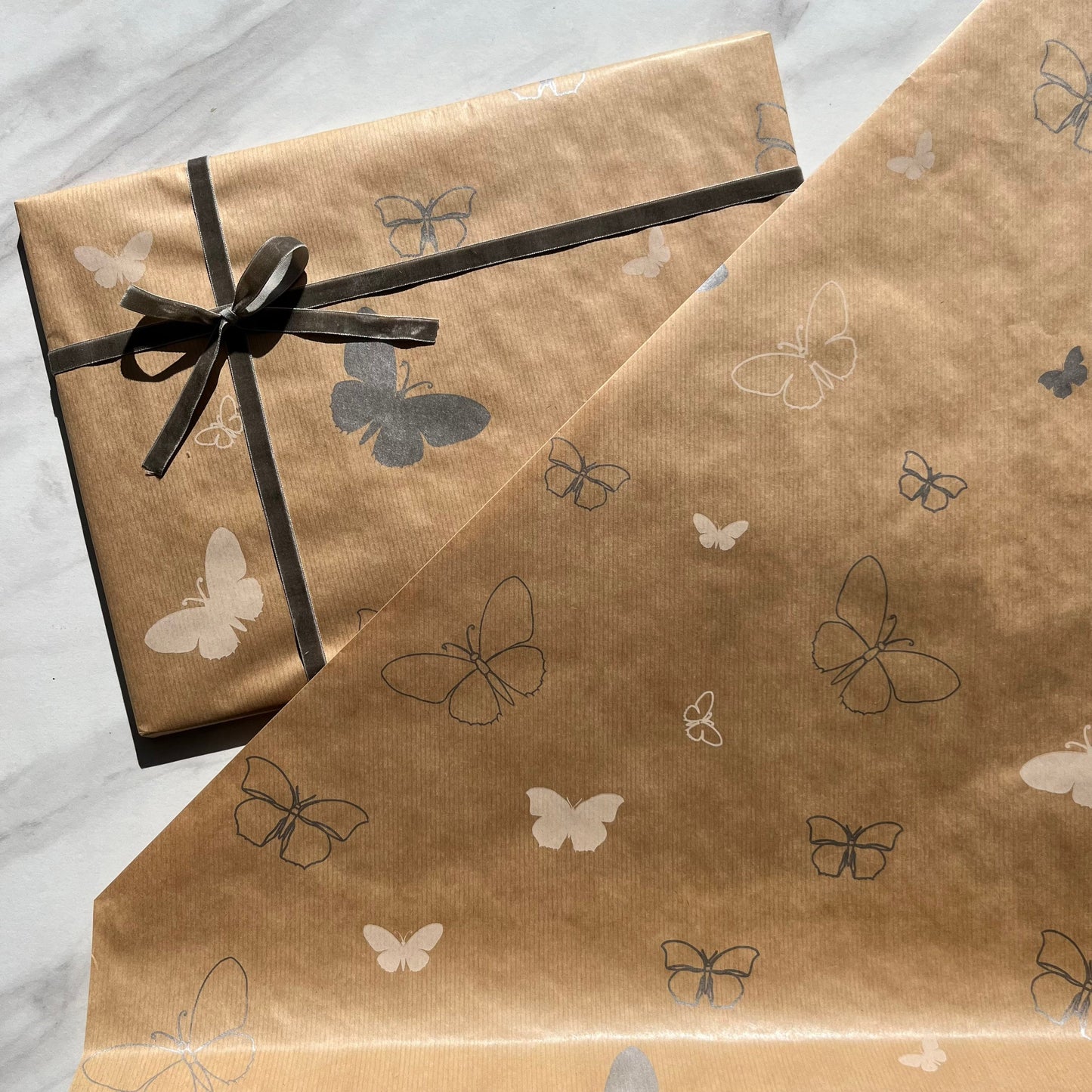 Wrapping Paper Silver White Butterfly 50CM Wide Eco Friendly, 100% Recycled Kraft | Recyclable, Sustainable, Plastic Free Gift Wrap