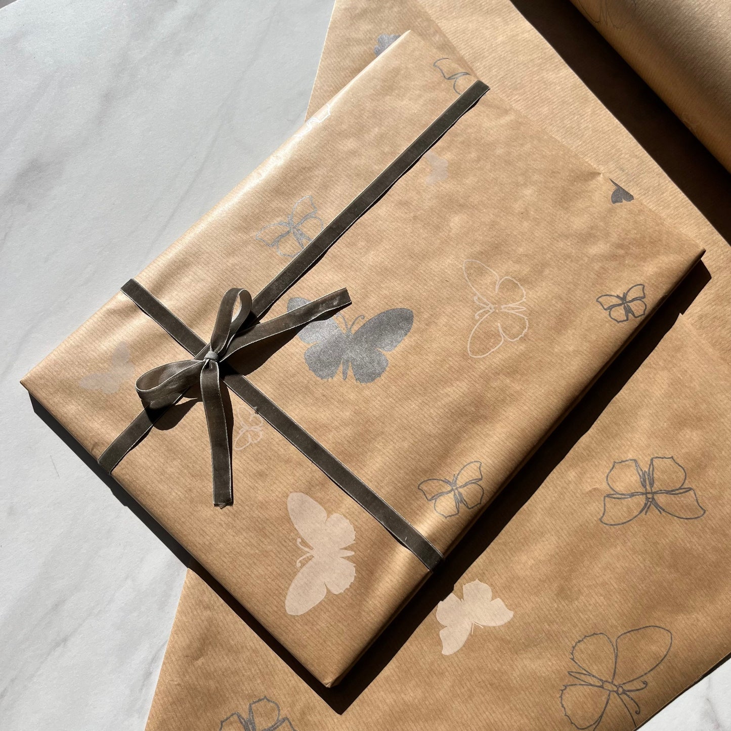 Wrapping Paper Silver White Butterfly 50CM Wide Eco Friendly, 100% Recycled Kraft | Recyclable, Sustainable, Plastic Free Gift Wrap