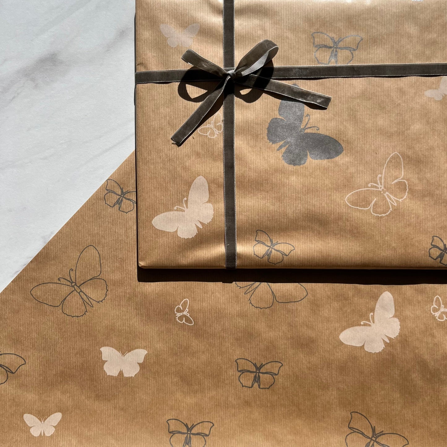 Wrapping Paper Silver White Butterfly 50CM Wide Eco Friendly, 100% Recycled Kraft | Recyclable, Sustainable, Plastic Free Gift Wrap