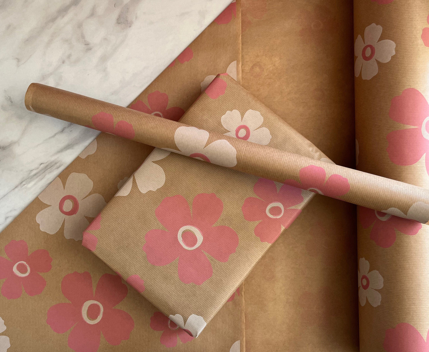 Pink White Floral Print Eco Friendly Gift Wrapping Paper, 100% Recycled & Recyclable Gift Wrap, Kraft Birthday Wrapping Paper, Sustainable