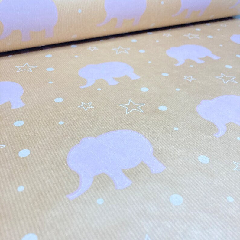 Baby Pink Elephant Eco Friendly Gift Wrapping Paper, 100% Recycled & Recyclable Gift Wrap, Kraft Wrapping Paper, Baby Shower Wrapping Paper