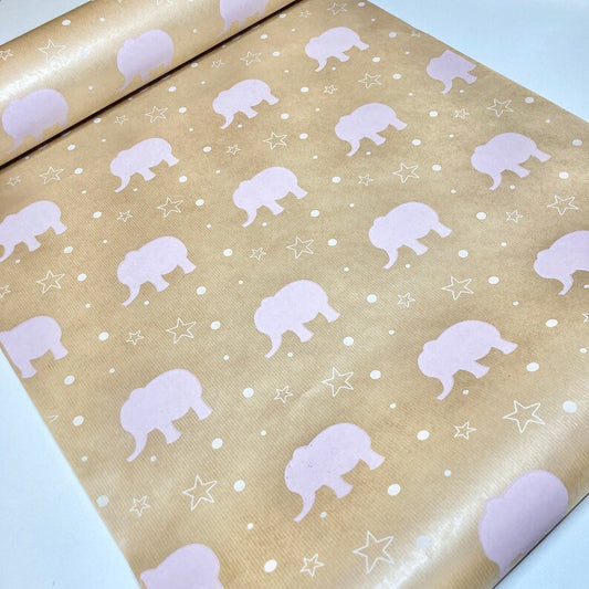 Wrapping Paper Baby Pink Elephant 50CM Wide Eco Friendly, 100% Recycled Kraft | Recyclable, Sustainable, Plastic Free Gift Wrap