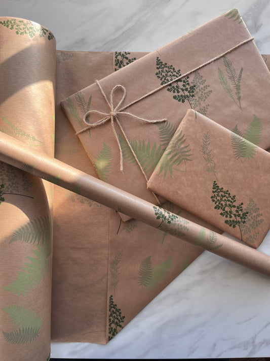 Wrapping Paper Botanical Leaves 50CM Wide Eco Friendly, 100% Recycled Kraft | Recyclable, Sustainable, Plastic Free Gift Wrap