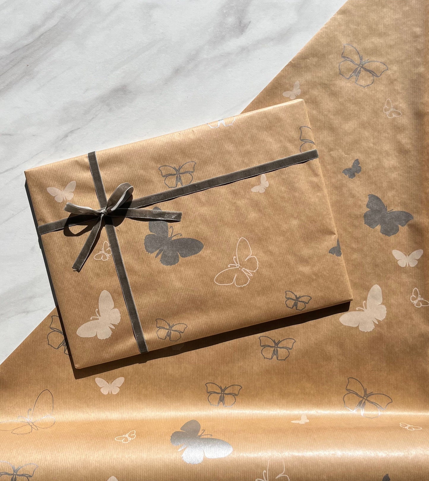Wrapping Paper Silver White Butterfly 50CM Wide Eco Friendly, 100% Recycled Kraft | Recyclable, Sustainable, Plastic Free Gift Wrap