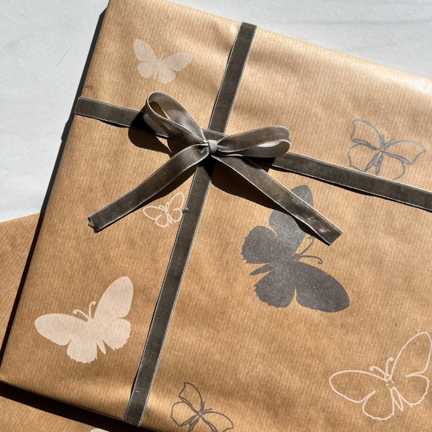 Wrapping Paper Silver White Butterfly 50CM Wide Eco Friendly, 100% Recycled Kraft | Recyclable, Sustainable, Plastic Free Gift Wrap