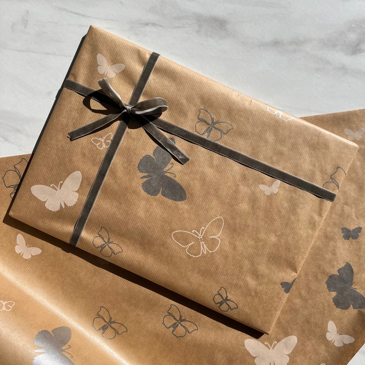 Wrapping Paper Silver White Butterfly 50CM Wide Eco Friendly, 100% Recycled Kraft | Recyclable, Sustainable, Plastic Free Gift Wrap