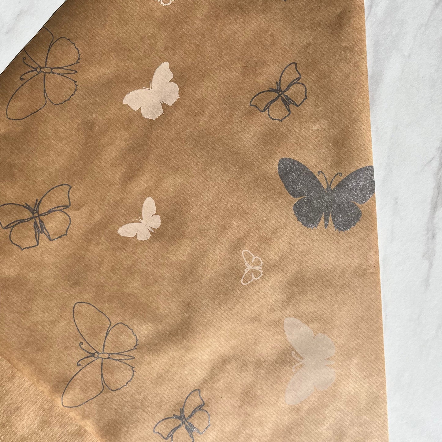 Wrapping Paper Silver White Butterfly 50CM Wide Eco Friendly, 100% Recycled Kraft | Recyclable, Sustainable, Plastic Free Gift Wrap