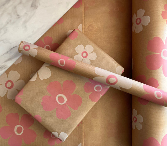 Wrapping Paper Pink White Floral 50CM Wide Eco Friendly, 100% Recycled Kraft | Recyclable, Sustainable, Plastic Free Gift Wrap