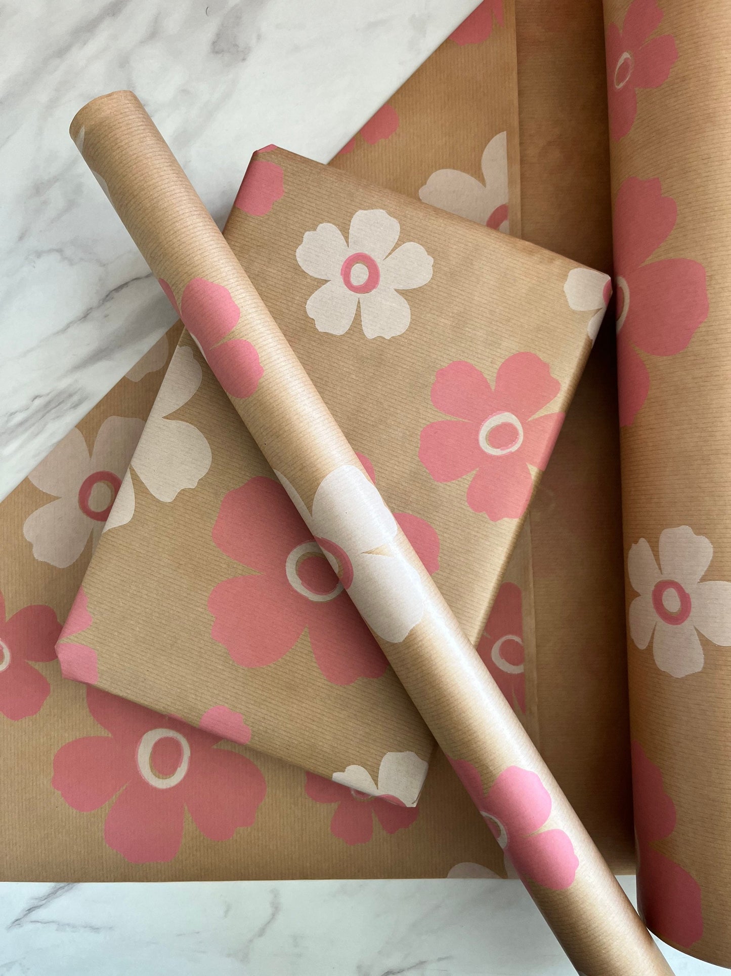 Pink White Floral Print Eco Friendly Gift Wrapping Paper, 100% Recycled & Recyclable Gift Wrap, Kraft Birthday Wrapping Paper, Sustainable