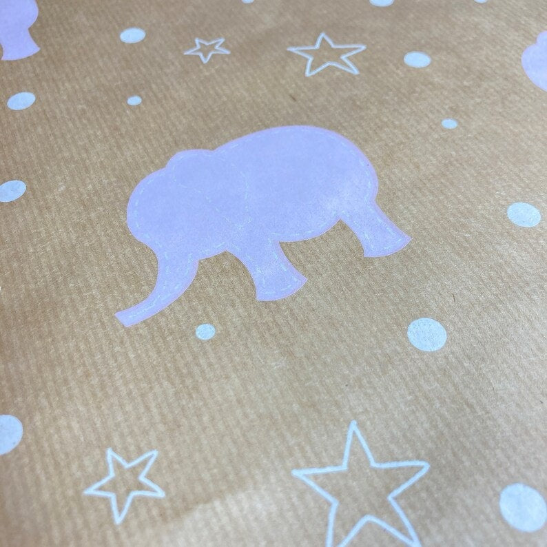 Baby Pink Elephant Eco Friendly Gift Wrapping Paper, 100% Recycled & Recyclable Gift Wrap, Kraft Wrapping Paper, Baby Shower Wrapping Paper