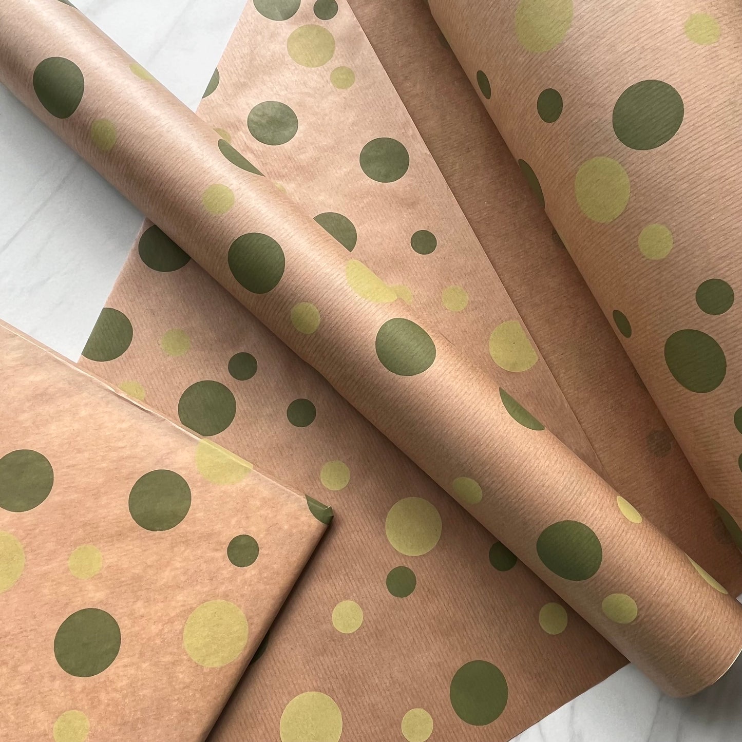 Wrapping Paper Green Polka Dot Eco 50CM Wide Eco Friendly, 100% Recycled Kraft | Recyclable, Sustainable, Plastic Free Gift Wrap