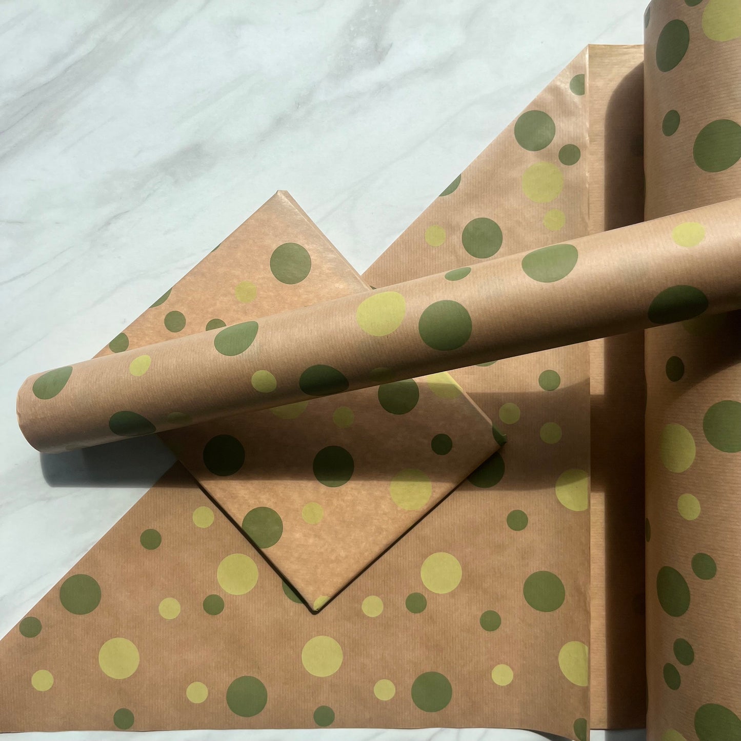 Wrapping Paper Green Polka Dot Eco 50CM Wide Eco Friendly, 100% Recycled Kraft | Recyclable, Sustainable, Plastic Free Gift Wrap