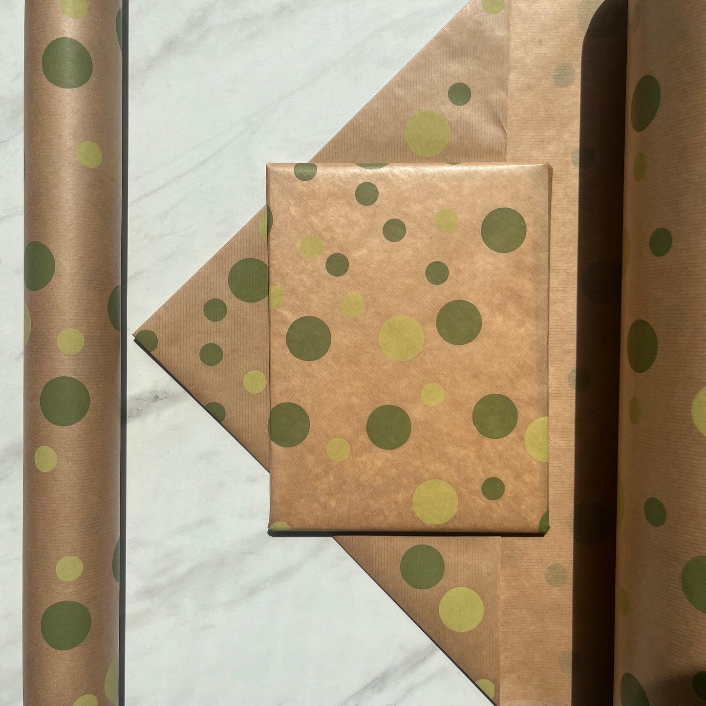 Wrapping Paper Green Polka Dot Eco 50CM Wide Eco Friendly, 100% Recycled Kraft | Recyclable, Sustainable, Plastic Free Gift Wrap
