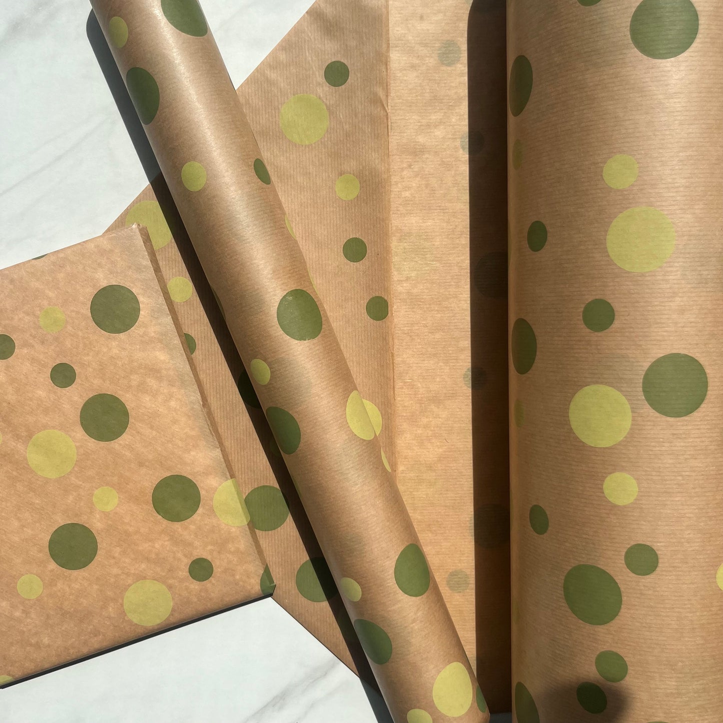 Wrapping Paper Green Polka Dot Eco 50CM Wide Eco Friendly, 100% Recycled Kraft | Recyclable, Sustainable, Plastic Free Gift Wrap
