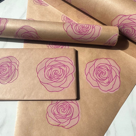 Wrapping Paper Pink Roses Print Eco Friendly Gift Wrapping Paper, 100% Recycled & Recyclable Gift Wrap, Kraft Birthday Wrapping Paper, Susta