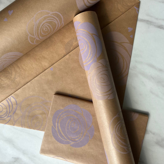 Wrapping Paper Purple Lilac Rose 50CM Wide Eco Friendly, 100% Recycled Kraft | Recyclable, Sustainable, Plastic Free Gift Wrap