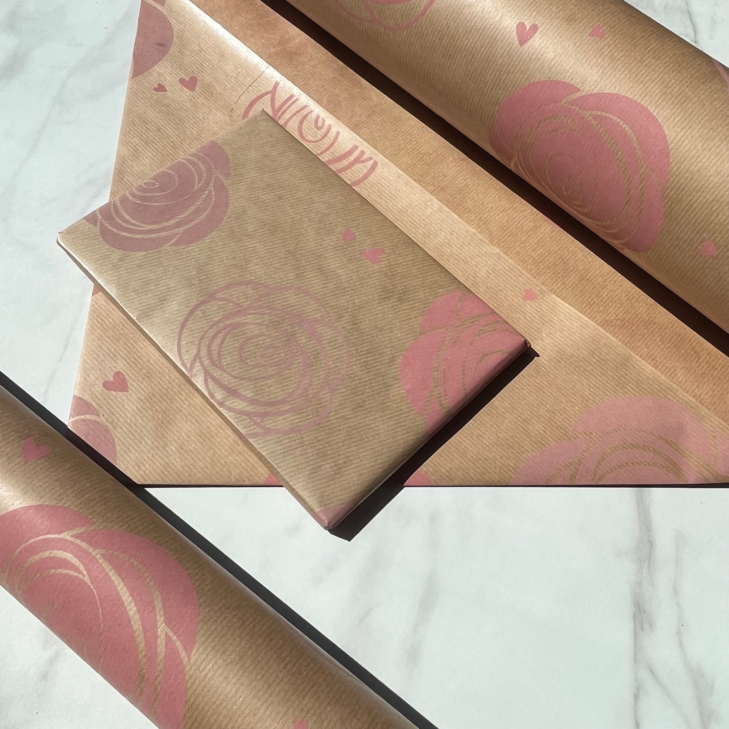 Pink Rose Print Eco Friendly Gift Wrapping Paper, 100% Recycled & Recyclable Gift Wrap, Kraft Birthday Wrapping Paper, Sustainable