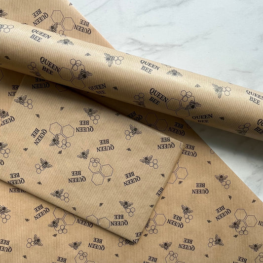 Wrapping Paper Queen Bee Honeycomb 50CM Wide Eco Friendly, 100% Recycled Kraft | Recyclable, Sustainable, Plastic Free Gift Wrap
