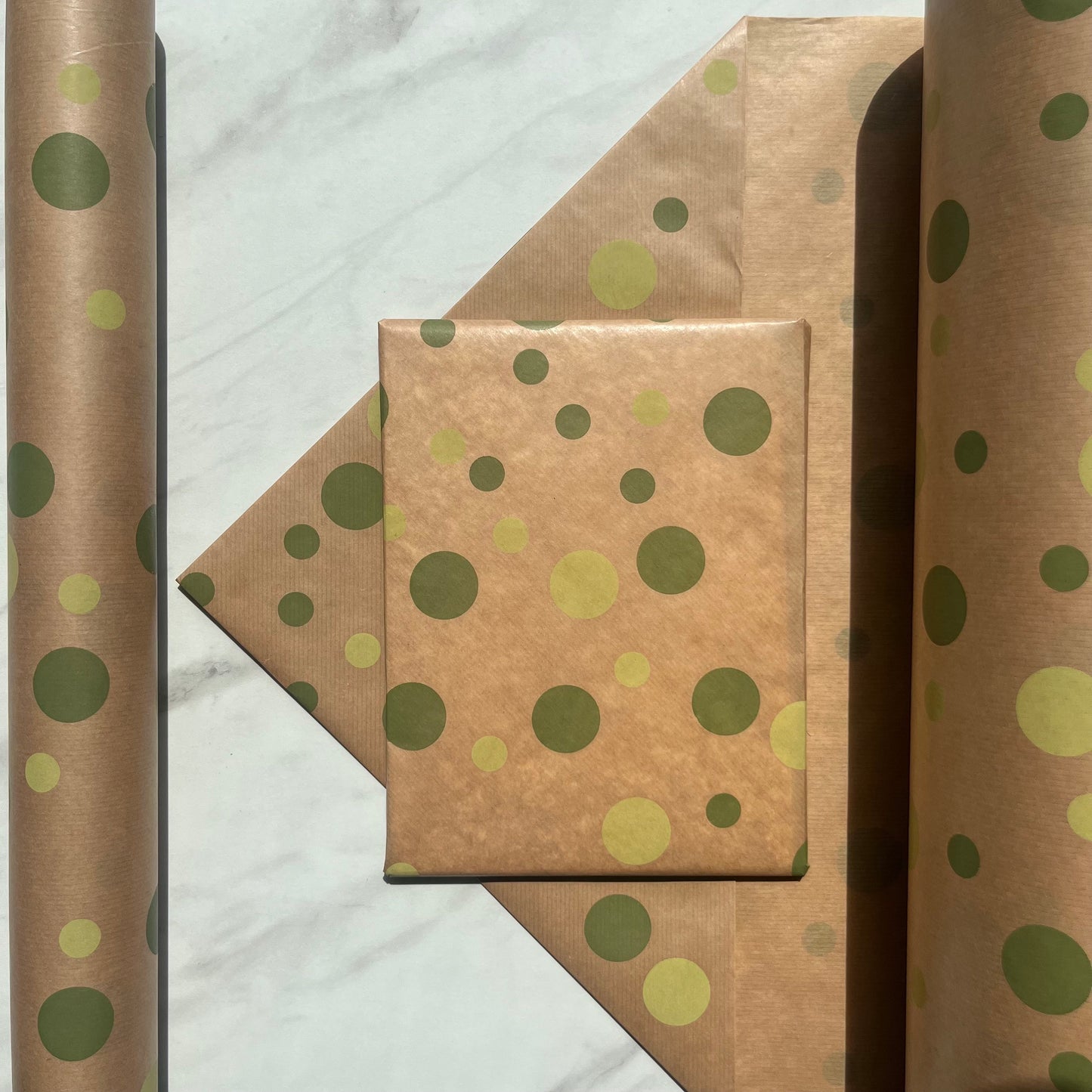 Wrapping Paper Green Polka Dot Eco 50CM Wide Eco Friendly, 100% Recycled Kraft | Recyclable, Sustainable, Plastic Free Gift Wrap