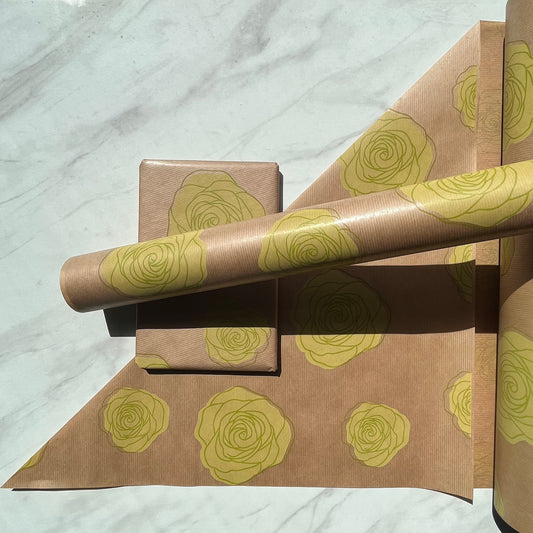 Wrapping Paper Lime Green Roses 50CM Wide Eco Friendly, 100% Recycled Kraft | Recyclable, Sustainable, Plastic Free Gift Wrap