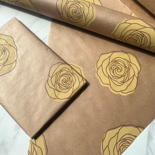 Wrapping Paper Yellow Roses 50CM Wide Eco Friendly, 100% Recycled Kraft | Recyclable, Sustainable, Plastic Free Gift Wrap