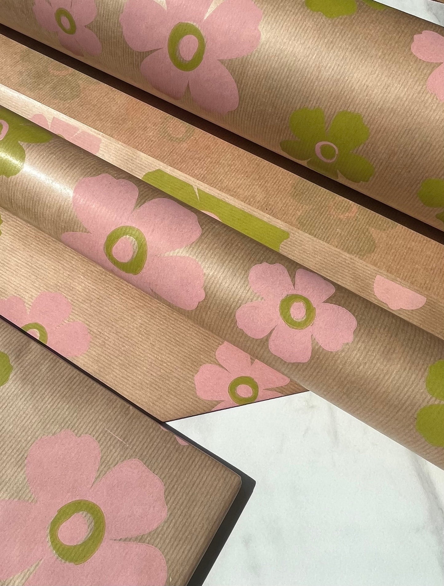 Wrapping Paper Pink Green Floral 50CM Wide Eco Friendly, 100% Recycled Kraft | Recyclable, Sustainable, Plastic Free Gift Wrap