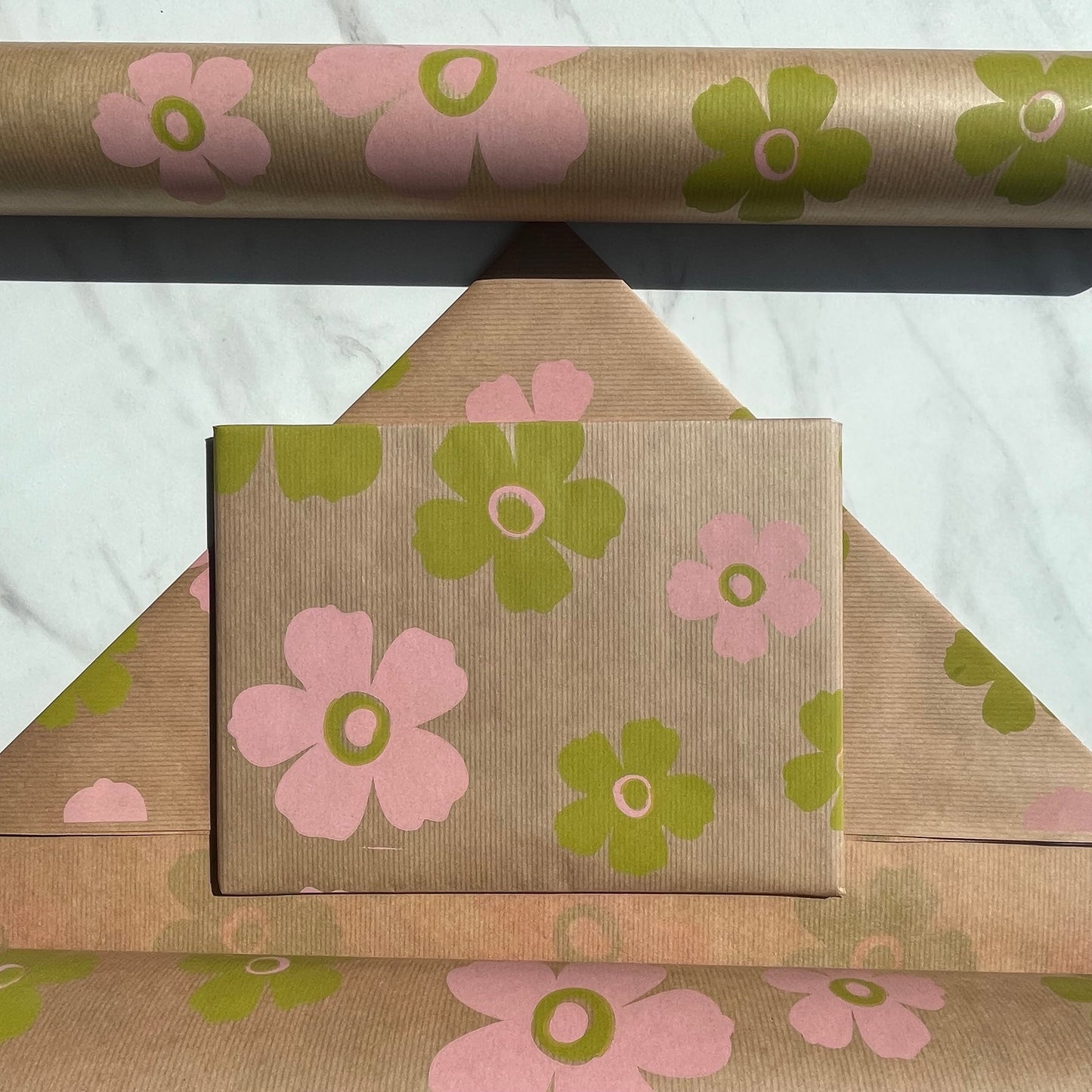 Wrapping Paper Pink Green Floral 50CM Wide Eco Friendly, 100% Recycled Kraft | Recyclable, Sustainable, Plastic Free Gift Wrap