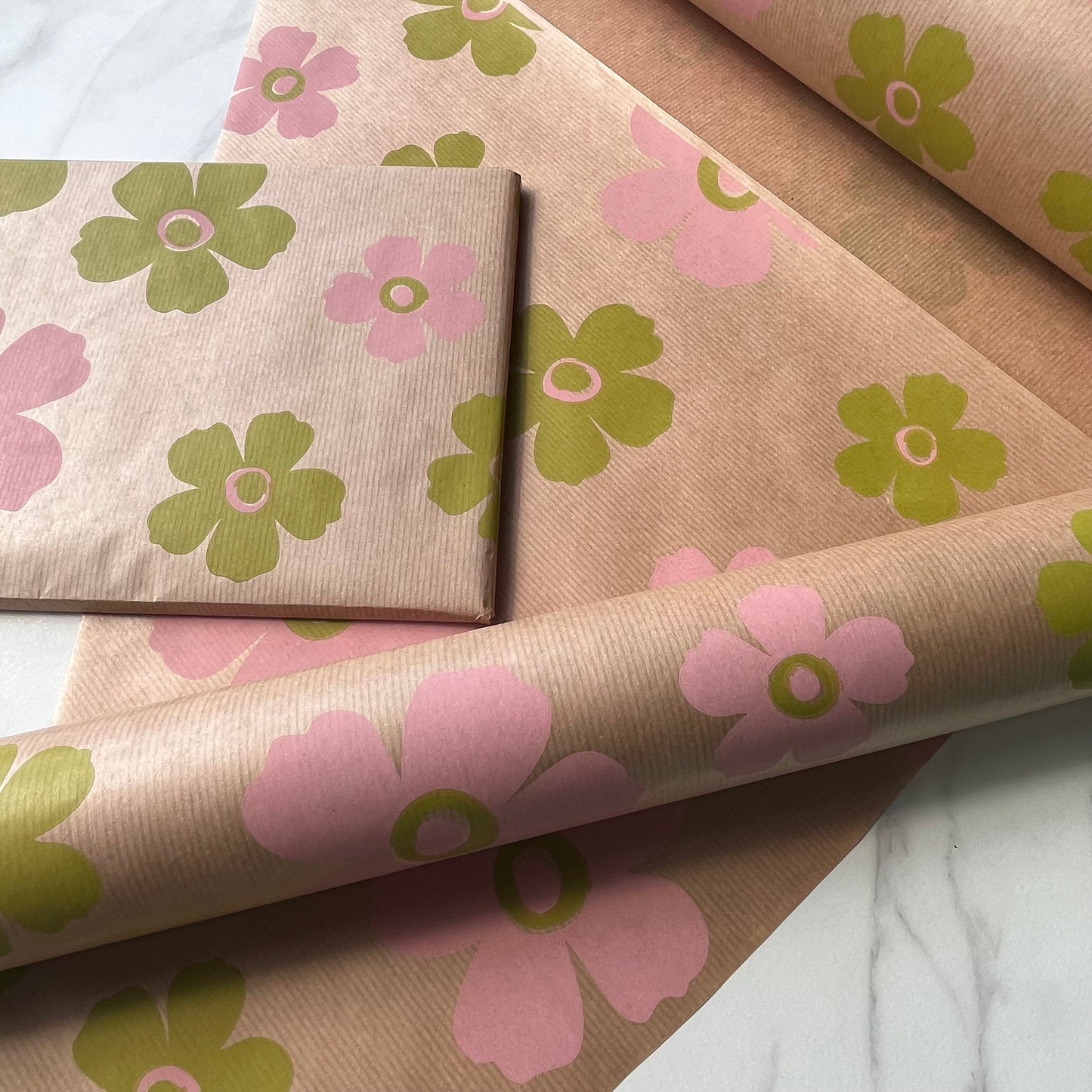 Wrapping Paper Pink Green Floral 50CM Wide Eco Friendly, 100% Recycled Kraft | Recyclable, Sustainable, Plastic Free Gift Wrap
