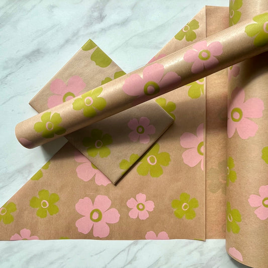 Wrapping Paper Pink Green Floral 50CM Wide Eco Friendly, 100% Recycled Kraft | Recyclable, Sustainable, Plastic Free Gift Wrap
