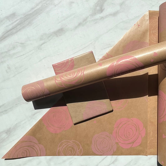 Pink Rose Print Eco Friendly Gift Wrapping Paper, 100% Recycled & Recyclable Gift Wrap, Kraft Birthday Wrapping Paper, Sustainable