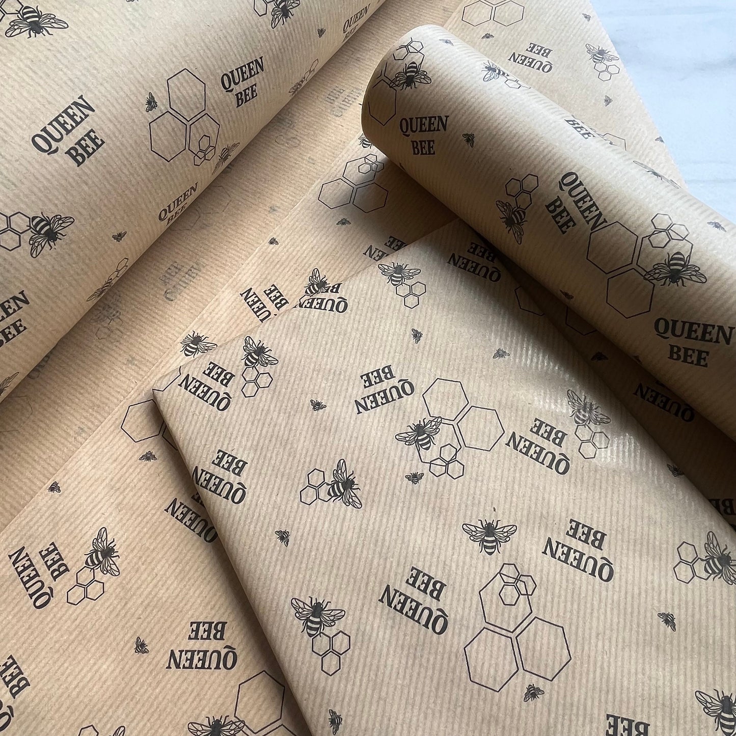 Wrapping Paper Queen Bee Honeycomb 50CM Wide Eco Friendly, 100% Recycled Kraft | Recyclable, Sustainable, Plastic Free Gift Wrap