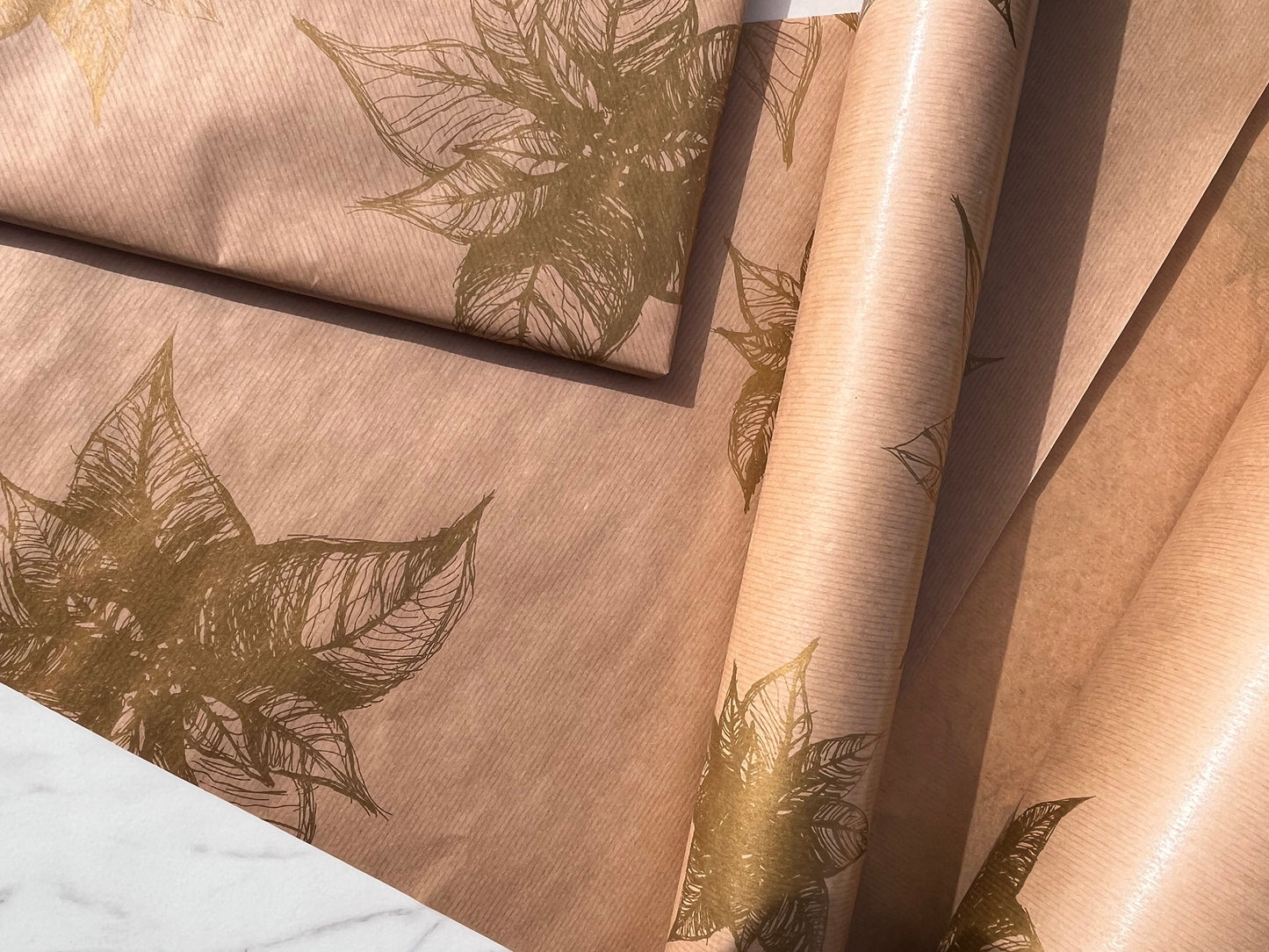 Christmas Gold Poinsettia Eco Friendly Gift Wrapping Paper, 100% Recycled & Recyclable, Luxury Sustainable Kraft Wrapping Paper