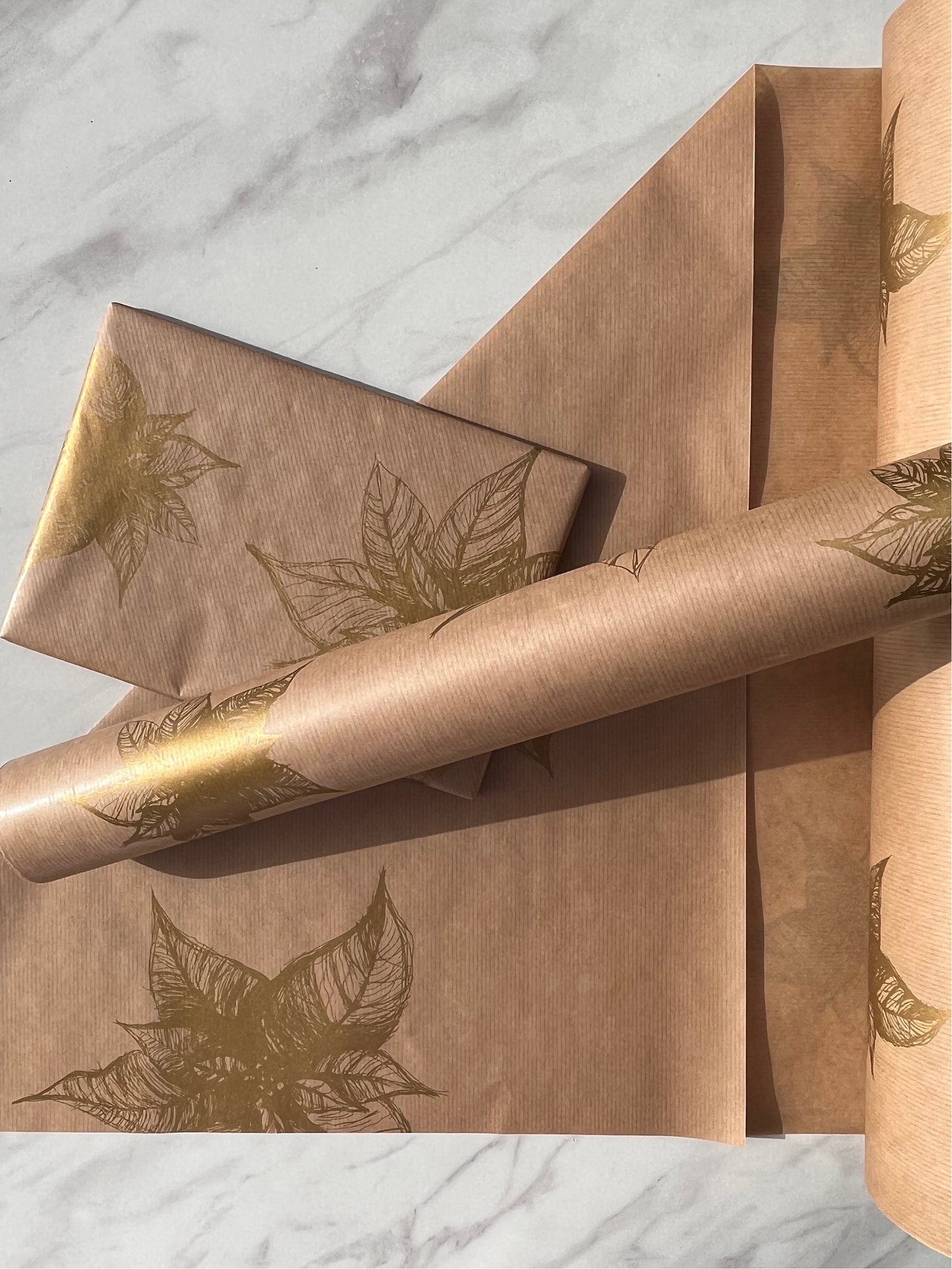 Wrapping Paper Christmas Gold Poinsettia 50CM Wide Eco Friendly, 100% Recycled Kraft | Recyclable, Sustainable, Plastic Free Gift Wrap
