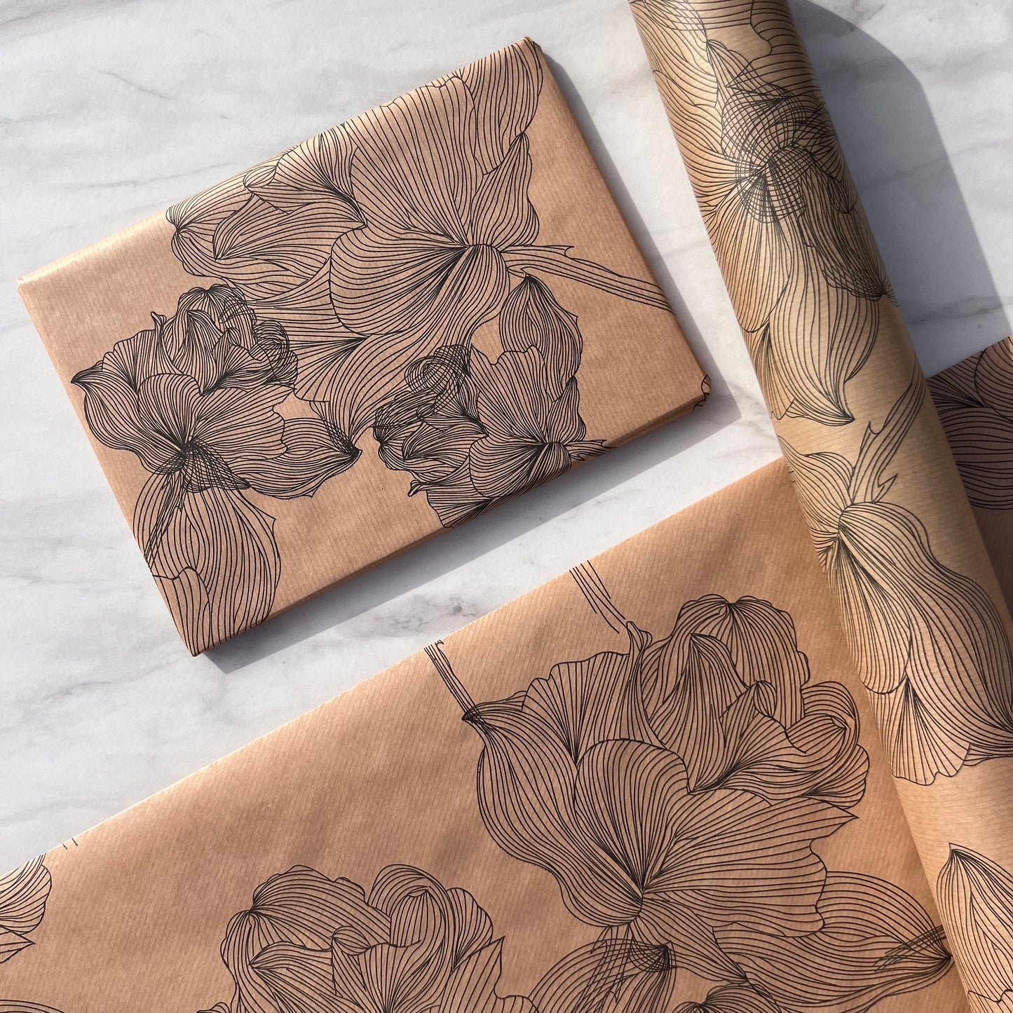 Wrapping Paper Black Floral Print 50CM Wide Eco Friendly, 100% Recycled Kraft | Recyclable, Sustainable, Plastic Free Gift Wrap
