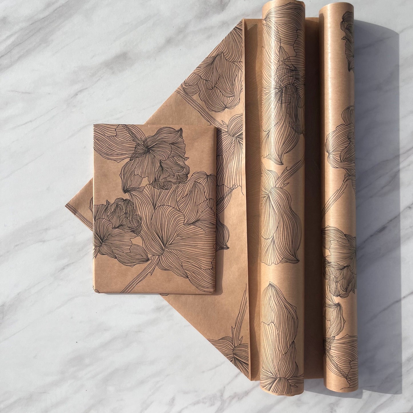 Wrapping Paper Black Floral Print 50CM Wide Eco Friendly, 100% Recycled Kraft | Recyclable, Sustainable, Plastic Free Gift Wrap